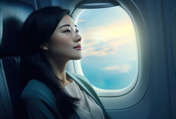 business woman looking out the window of the airplane