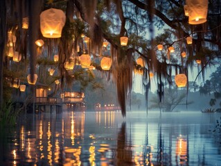 Serene Louisiana Bayou Scene: hanging lanterns, Spanish moss, tranquil evening
