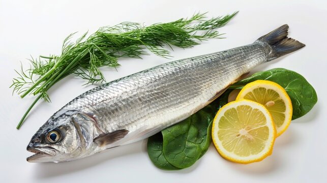 Fresh Grey Mullet Fish with Dill, Spinach, and Lemon on White Surface, Gourmet Preparation
