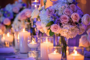 wedding reception table with candles and flowers - obrazy, fototapety, plakaty
