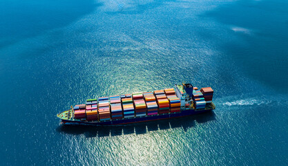 Aerial view of the freight shipping transport system cargo ship container. international...