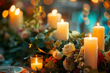 wedding reception table with candles and flowers