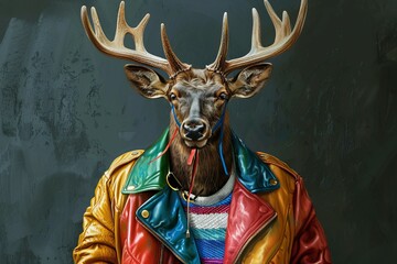 deer dressed in multicolor leather jacket