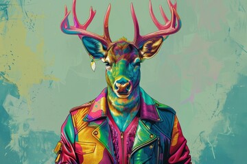 deer dressed in multicolor leather jacket