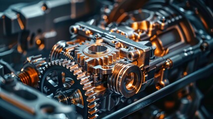 Macro shot of a car's transmission system being assembled, gears and bearings highlighted