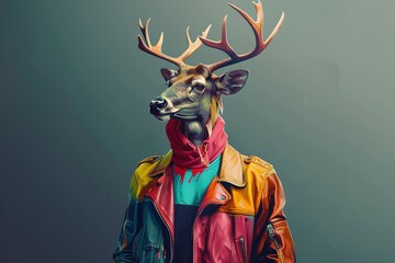 deer dressed in multicolor leather jacket
