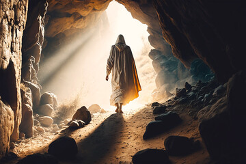 Jesus Ressurection Walking Out Of Tomb - obrazy, fototapety, plakaty