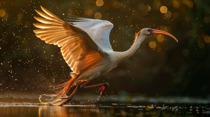 Crested ibis splashing water  - obrazy, fototapety, plakaty