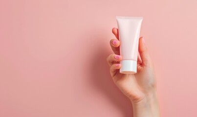 female hand holding a tube of facial cream on pink background