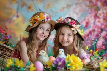 two girls in beautiful easter photo zone