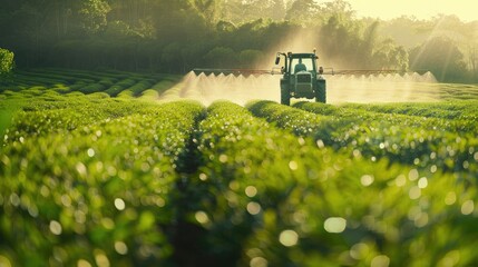 Tractor spraying pesticides on tea plantation in organic farm. - obrazy, fototapety, plakaty