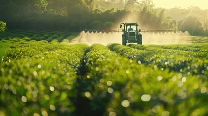Deurstickers Tractor spraying pesticides on tea plantation in organic farm. © นาย ปริญญา ลัยนันทะ