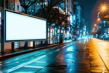 White blank advertising billboard on city night street