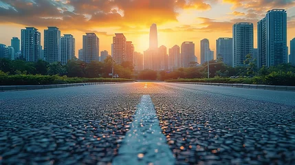 Foto op Plexiglas Panoramic skyline and modern commercial buildings with empty road. Asphalt road and cityscape at sunrise  Generative AI © Jennifer