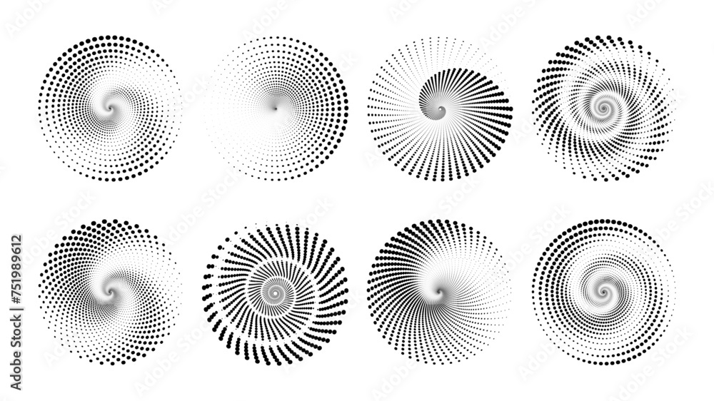 Poster set of halftone dotted circular optical decoration icon. set of speed lines in circle form. spiral d