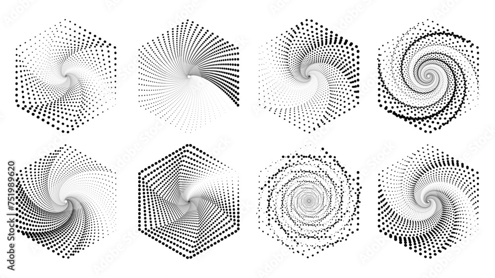Aufkleber set of halftone dotted hexagonal optical decoration icon. set of speed lines in hexagon vector illus