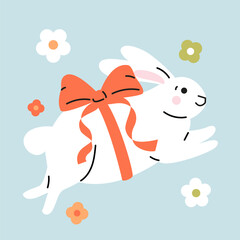 Cute cartoon style white bunny with tied bow and flowers.  Hand drawn trendy vector illustration. Adorable Easter rabbit clip-art, card, poster.