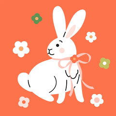 Cute cartoon style white bunny with tied bow and flowers.  Hand drawn trendy vector illustration. Adorable Easter rabbit clip-art, card, poster.