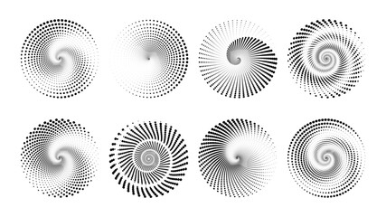 Set of Halftone dotted circular optical decoration Icon. Set of speed lines in circle form. Spiral Design Element Shapes