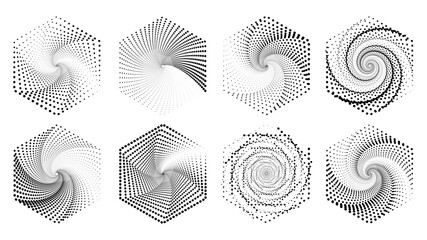 Set of Halftone dotted hexagonal optical decoration Icon. Set of speed lines in hexagon vector illustration