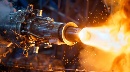 Close-up of a rocket engine nozzle during a test firing, capturing the flame and engineering complexity