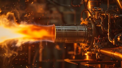Close-up of a rocket engine nozzle during a test firing, capturing the flame and engineering complexity