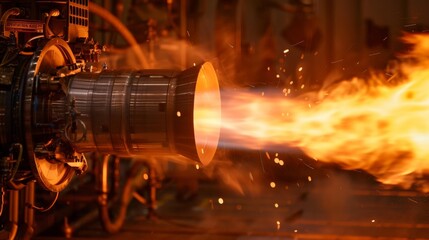 Close-up of a rocket engine nozzle during a test firing, capturing the flame and engineering complexity