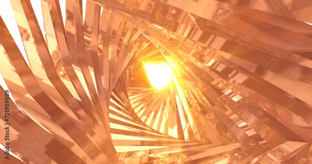 Poster abstract metallic shiny golden yellow polyhedral tunnel frame made of lines of hexagonal edges, mech