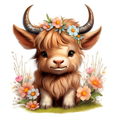 Highland Cow With Bunny Ears Happy Easter Illustration