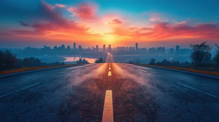 Foto op Plexiglas Panoramic skyline and modern commercial buildings with empty road. Asphalt road and cityscape at sunrise  Generative AI © Jennifer