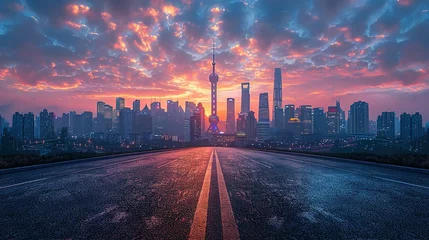 Foto op Aluminium Panoramic skyline and modern commercial buildings with empty road. Asphalt road and cityscape at sunrise  Generative AI © Jennifer