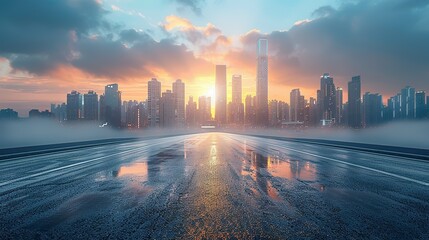 Panoramic skyline and modern commercial buildings with empty road. Asphalt road and cityscape at sunrise  Generative AI