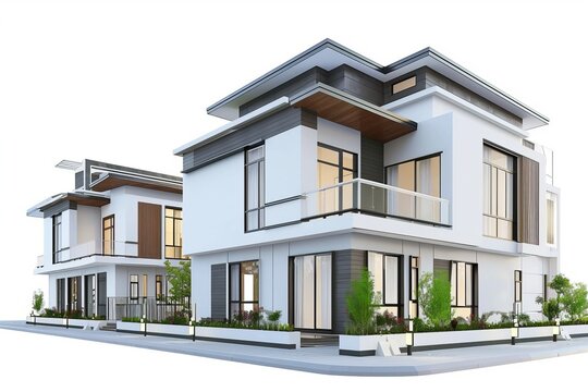 Contemporary duplex houses, on isolated white background, Generative AI