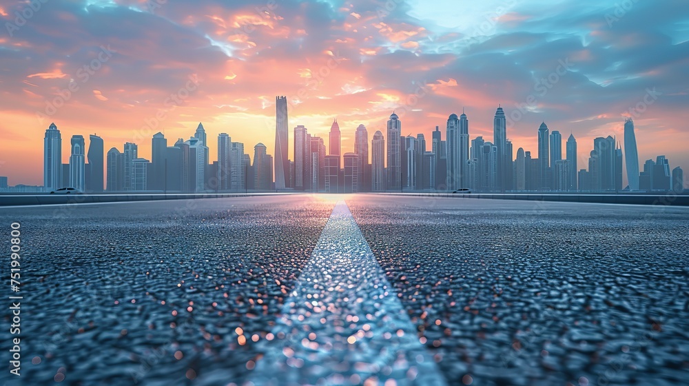 Wall mural panoramic skyline and modern commercial buildings with empty road. asphalt road and cityscape at sun