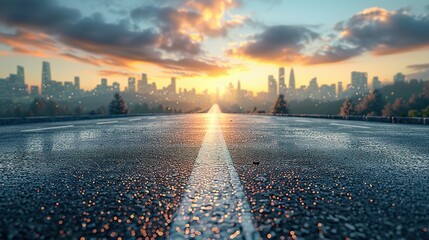 Panoramic skyline and modern commercial buildings with empty road. Asphalt road and cityscape at sunrise  Generative AI