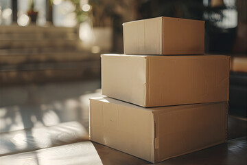 Moving in. Boxes stacked on top of each other. Moving concept. - obrazy, fototapety, plakaty