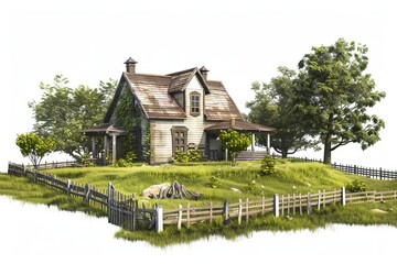 Obraz premium Rustic farmhouse with surrounding fields, on isolated white background, Generative AI