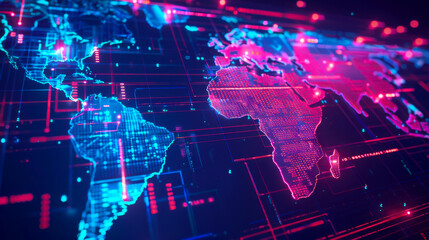 Cybernetic continents outlined in neon on a digital grid representing global data exchange in a connected world of technology