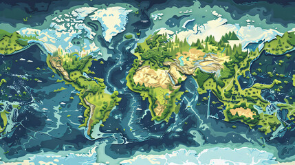 Educational map of the world with stylized topographical details highlighting different regions and their natural beauty