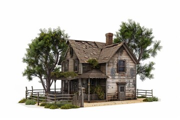 Rustic farmhouse with surrounding fields, on isolated white background, Generative AI