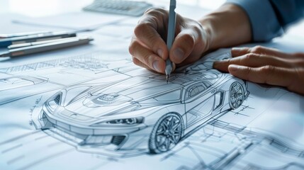 Zoomed-in image of an automotive engineer's hand sketching a concept car design, futuristic elements included
