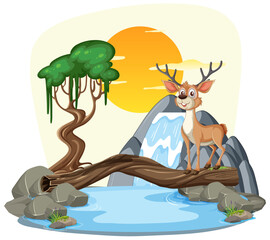 Illustration of a deer on a bridge over water