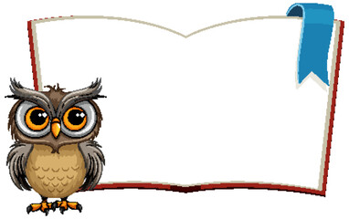 Cartoon owl standing before an open book