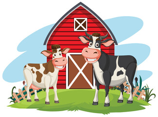 Obraz na płótnie Canvas Two cartoon cows standing by a barn