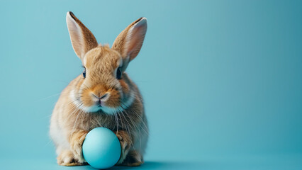 Fototapeta na wymiar Bunny holding easter egg on pastel blue background.