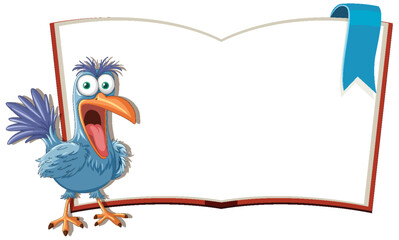 Cartoon bird with wide eyes presenting an open book