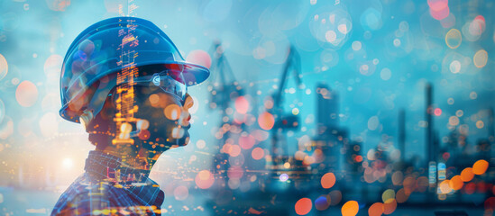 Industrial good engineer wearing a helmet  on city background. Banner.