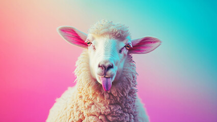 The funny sheep on pink and blue background. An optimistic concept.