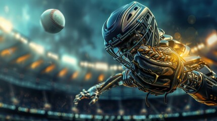 alien Baseball shortstop catches the ball on glove in professional baseball stadium - obrazy, fototapety, plakaty