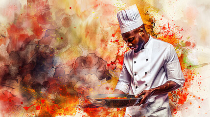  Chef in uniform preparing good food in a frying pan. Banner for restaurant